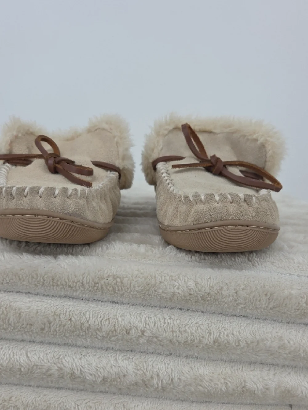 J. Crew Cream Faux-Fur Lined Kids Moccasins with Brown Lace Bows